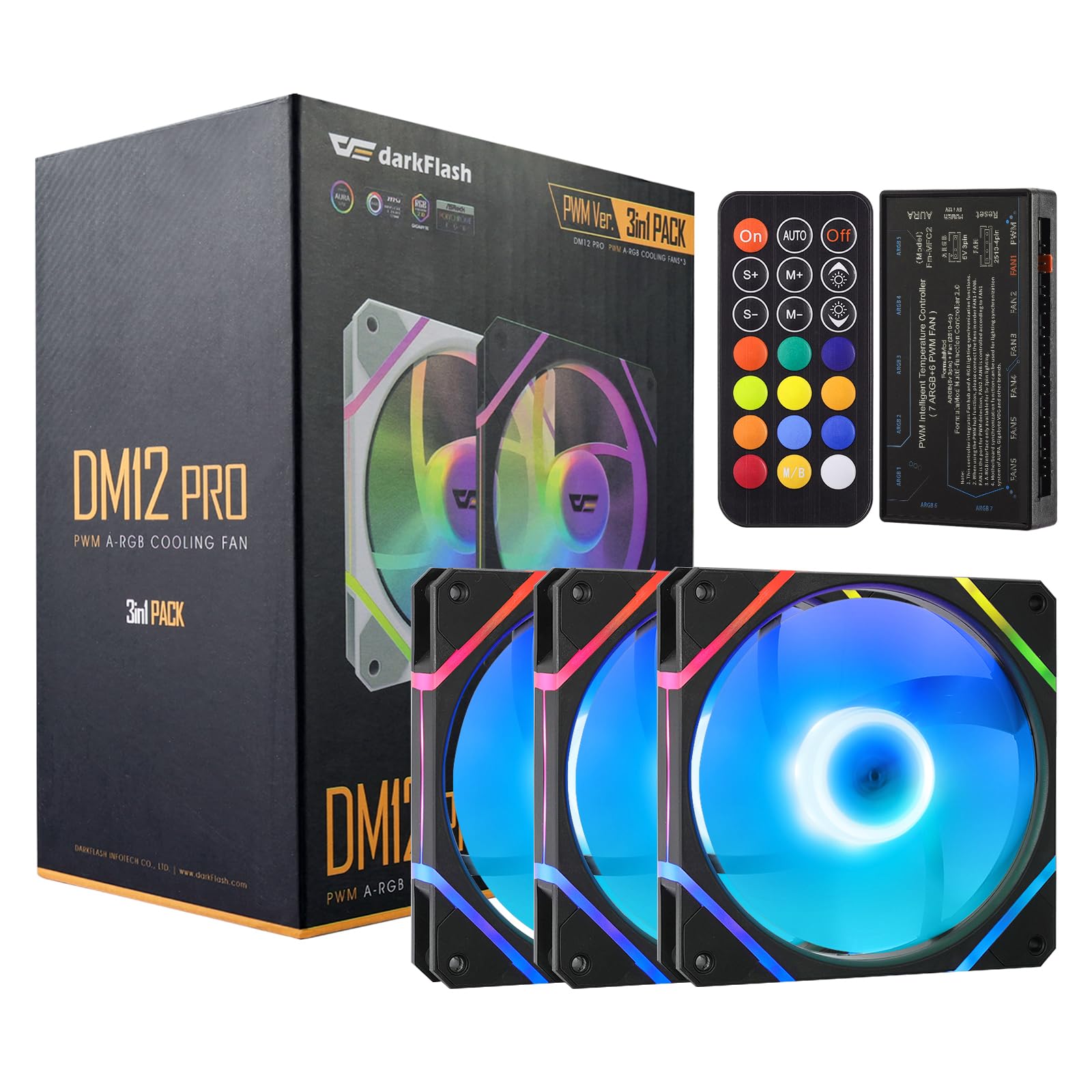 darkFlash Paquete de 3 ventiladores de carcasa de PC de 120 mm con concentrador de controlador y control remoto, PWM ARGB Sync, ventiladores de refrigeración RGB direccionables para carcasa de