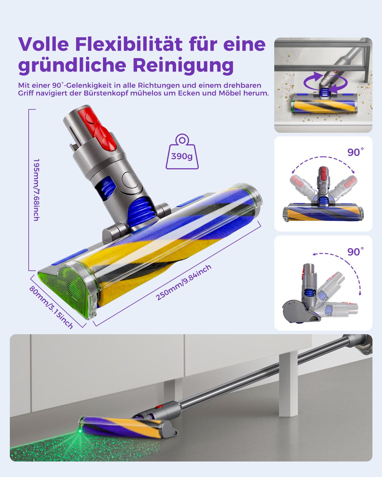 V15 Fluffy Optic Reinigungskopf für Dyson V15 V11 V10 V8 V7, Stauberkennung mit grünem Licht, Weichwalzenaufsatz für Hart- und Holzböden | LED macht Staub sichtbar, reinigt dunkle Bereiche, flexibler Hals für Möbel, weicher Stoßschutz, leichtes Design