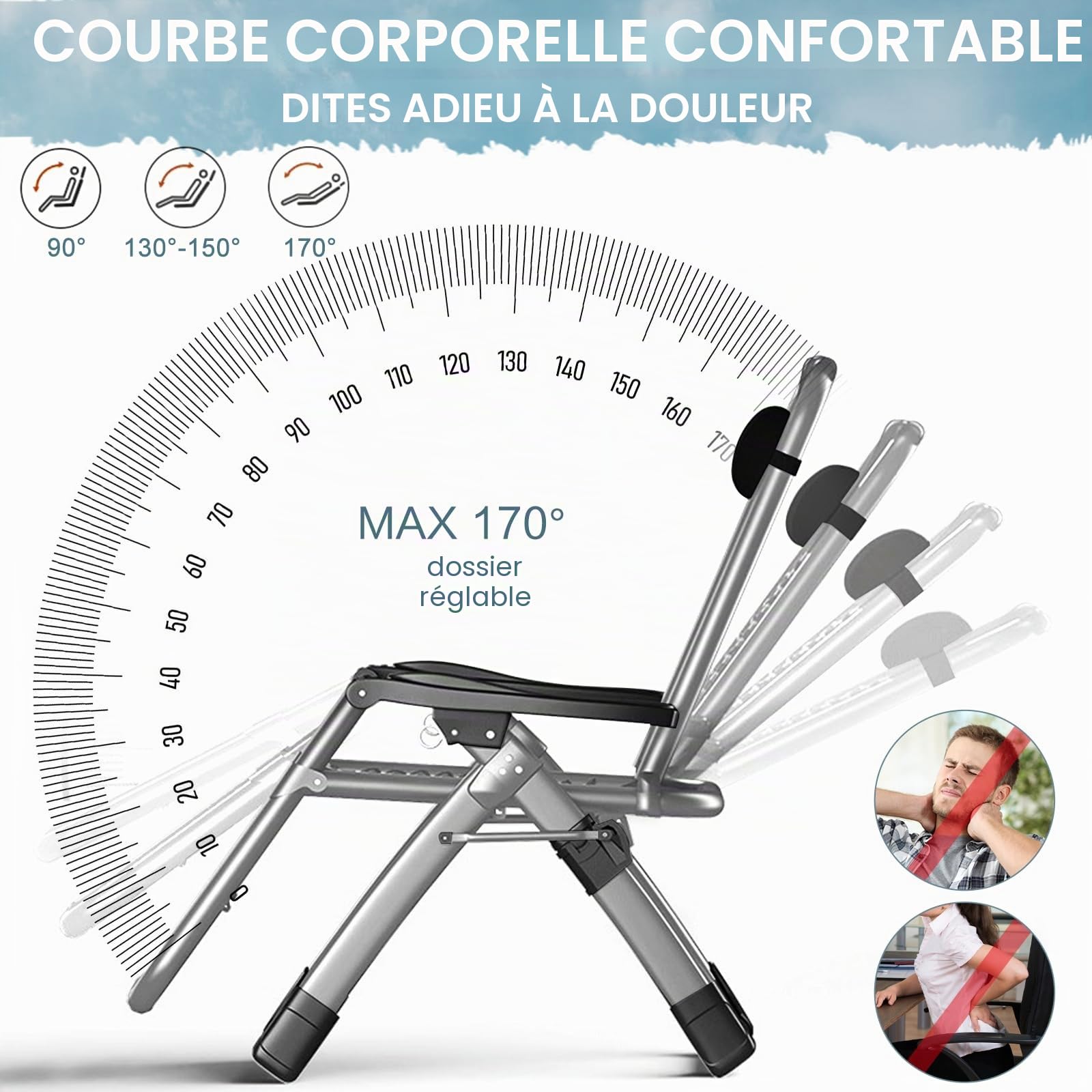 MOPHOTO Zero Gravity Chaise inclinable pliante avec coussinet et poche latérale, charge de 200 kg, parfaite pour la sieste, le salon, le balcon, le jardin, la terrasse