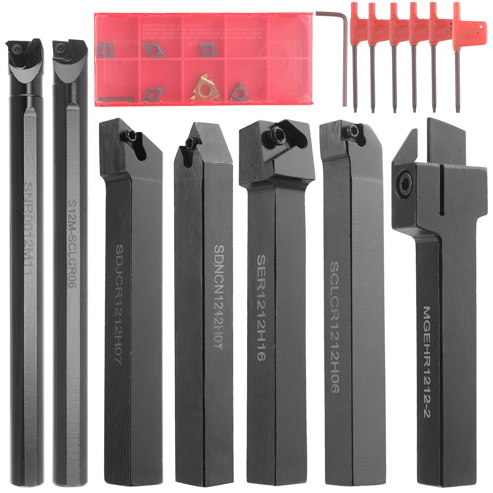 Geevorkss 21Pcs 12mm 1/2'' Juego de Herramientas de Torneado CNC,Herramientas de Torno para Metal,Indexable Carburo Inserto Torneado Herramientas Brocas,7 Portaherramientas, 7 Cuchillas, 7 Llaves