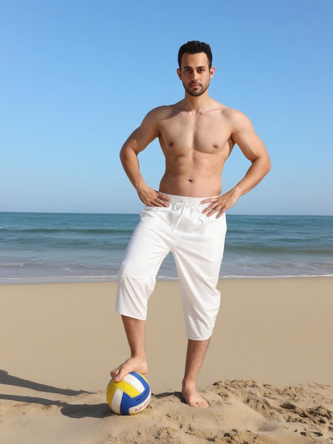 Men's Linen Yoga Pants Casual Beach Loose 3/4 Harem Trousers Summer Elastic Drawstring Capri Pants - Image 2