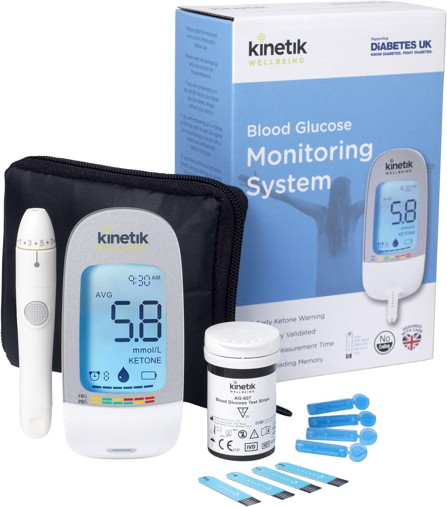 Kinetik Wellbeing Blood Sugar Monitor - Glucometer Kit for Diabetic Home Testing Used by the NHS, Blood Glucose Meter for Precise Sugar Level Monitoring, Supporting Diabetes UK