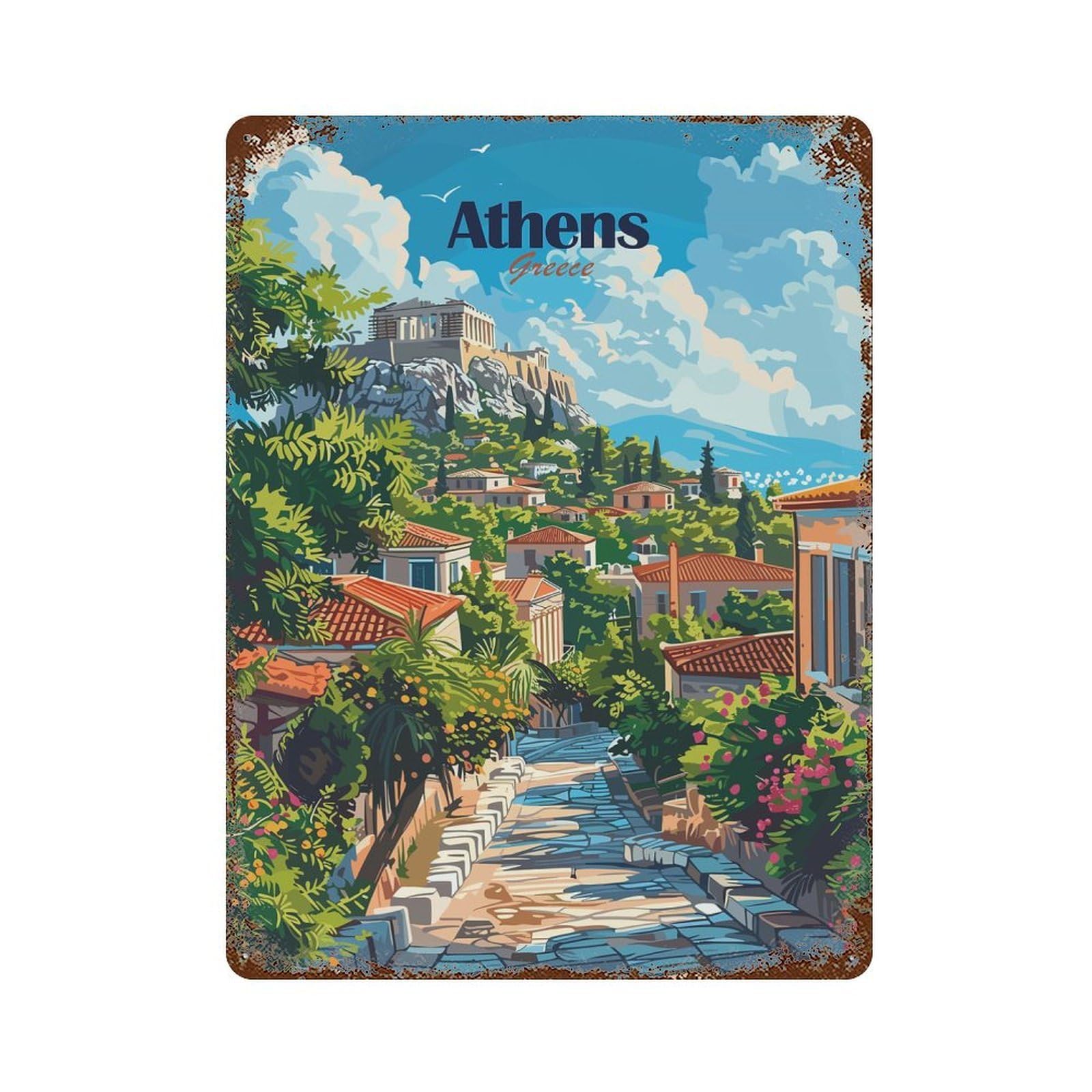 Athens Greece Travel 15.7"x11.8" Vintage Metal Tin Sign, Retro Wall Decor for Basement, Hobby Room And Garage Decor