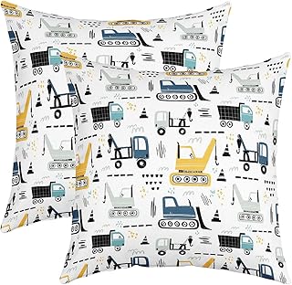 Cartoon Excavator Pillow Cover 18x18 Inch Set of 2 Colorful Equipment Trucks Roadblock Pattern Cushion Cover for Kids Teens Boys ConstructionÂ Vehicle Rustic Style Cushion Case for Car RV Bed