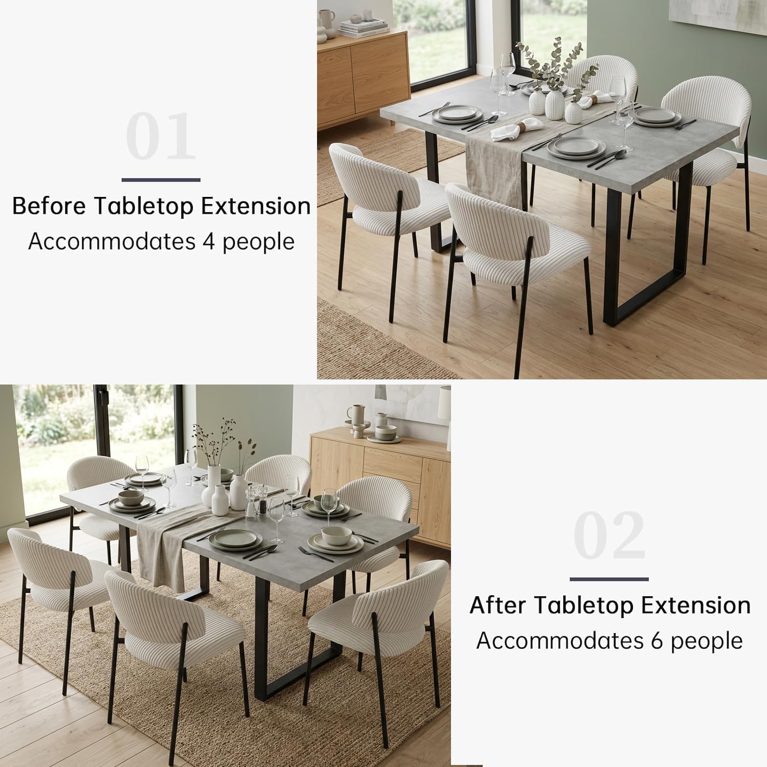 JIEXI Set di 6 tavoli da pranzo allungabili, 130 x 170 cm, 6 sedie in tessuto, superficie rettangolare in MDF e polvere di cemento, stile moderno e contemporaneo, per sala da pranzo e cucina