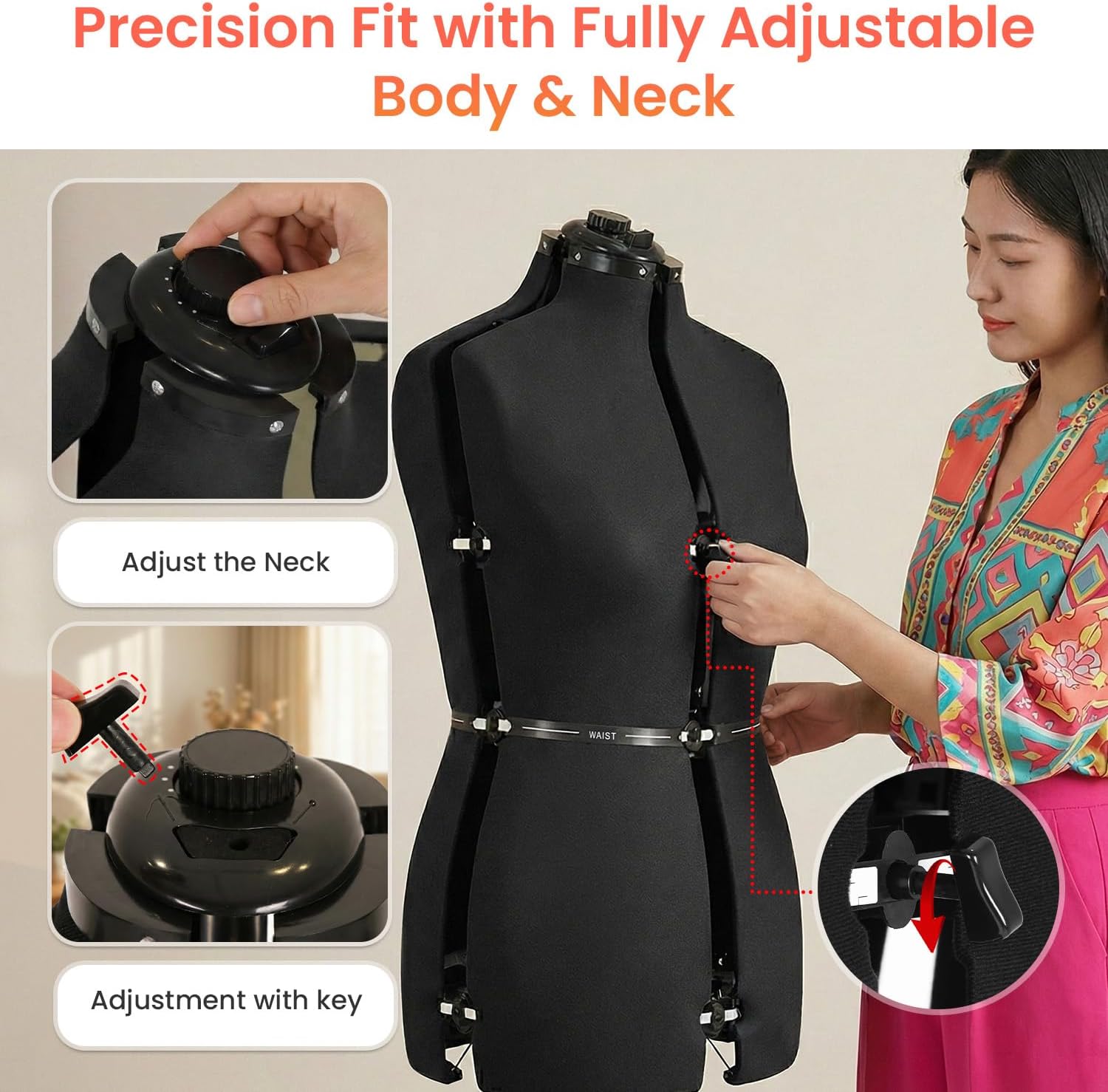 FDW Female Mannequin Body Dress Form Sewing Mannequin Torso Manikin Adjustment to Waist & Hips & Neck & Back Length with Tripod Base Stand for Sewing Clothes Display (Black, 39.4-64.2 Inches)