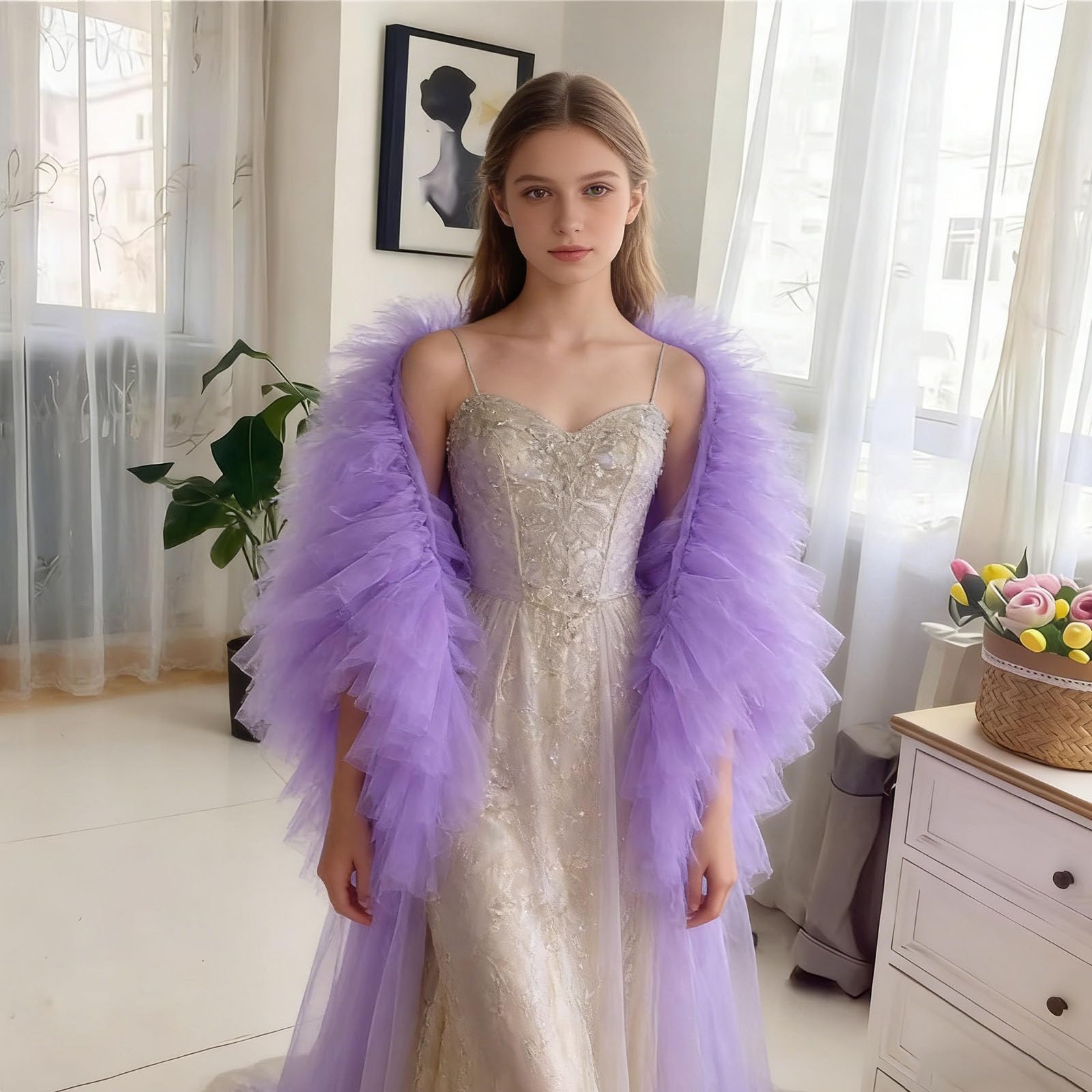 Elegante stola scialle decorativa da donna, accessorio alla moda per servizi fotografici e feste serali in tulle