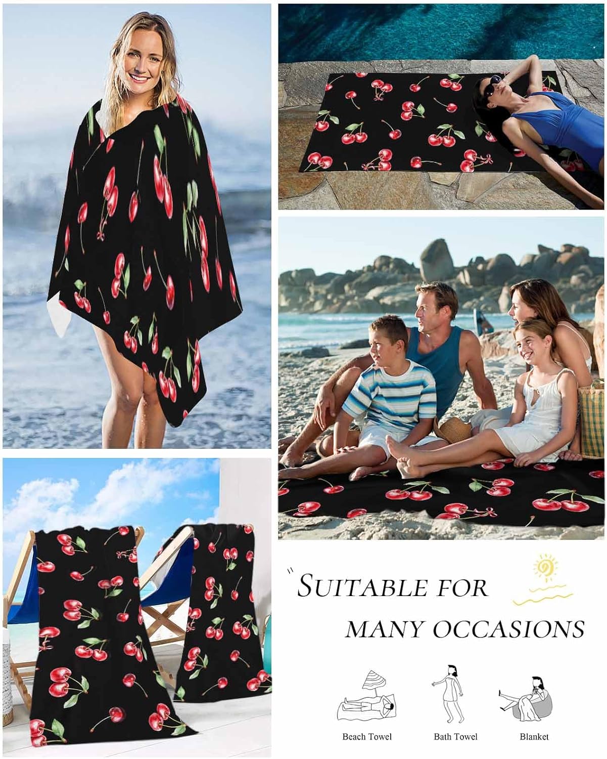 Beach Towels-Absorbent Quick Dry Pool Towel 35x70in,Watercolor Red Cherry on Black Sand Free Oversized Large Bath Towel Soft Blanket for Swim Travel Camping,Farm Seamless Fruit Art