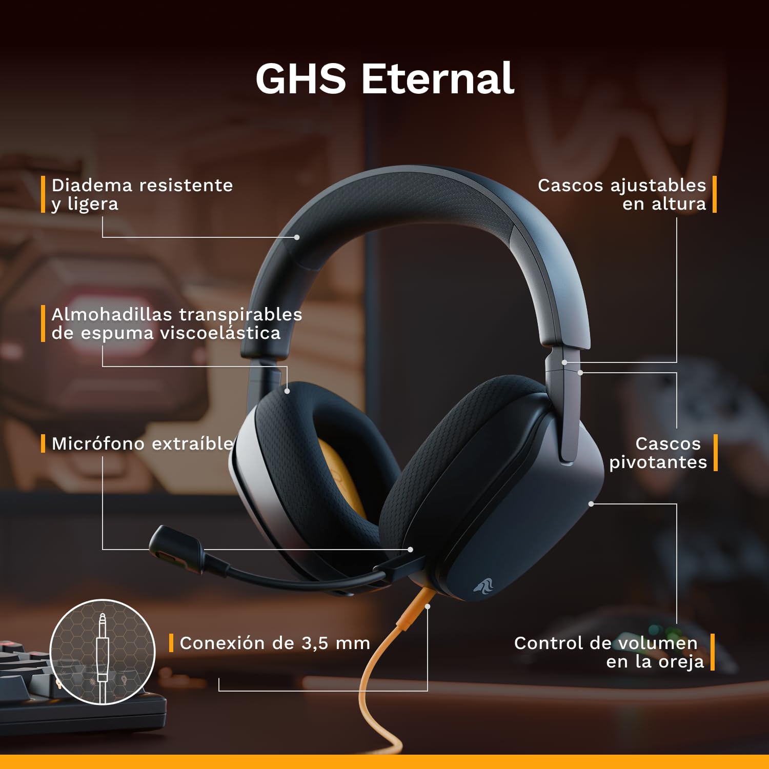 Glorious GHS Eternal - Auriculares de Gaming estéreo para PC, PS5, PS4, Xbox y Switch - Altavoces Ajustados únicos, Micro extraíble y Ajustable de 3.5 mm - Comodidad Duradera día y Noche - Negros