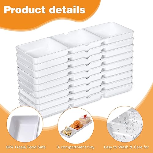Miniatura 4 de 12 bandejas pequeñas de plástico blanco para servir aperitivos, 3 compartimentos, platos para servir, reutilizables, apilables, platos seccionales
