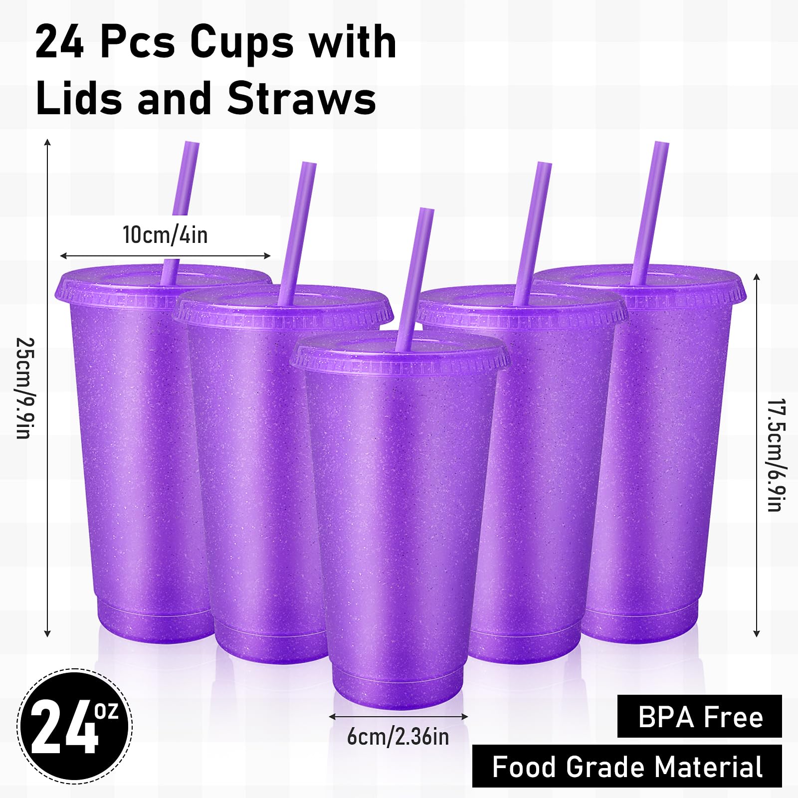 Lot de 24 gobelets réutilisables avec couvercles et pailles, gobelets de voyage en plastique pailleté pour smoothie, jus de fruits, anniversaire, soirée pyjama, fête (violet)