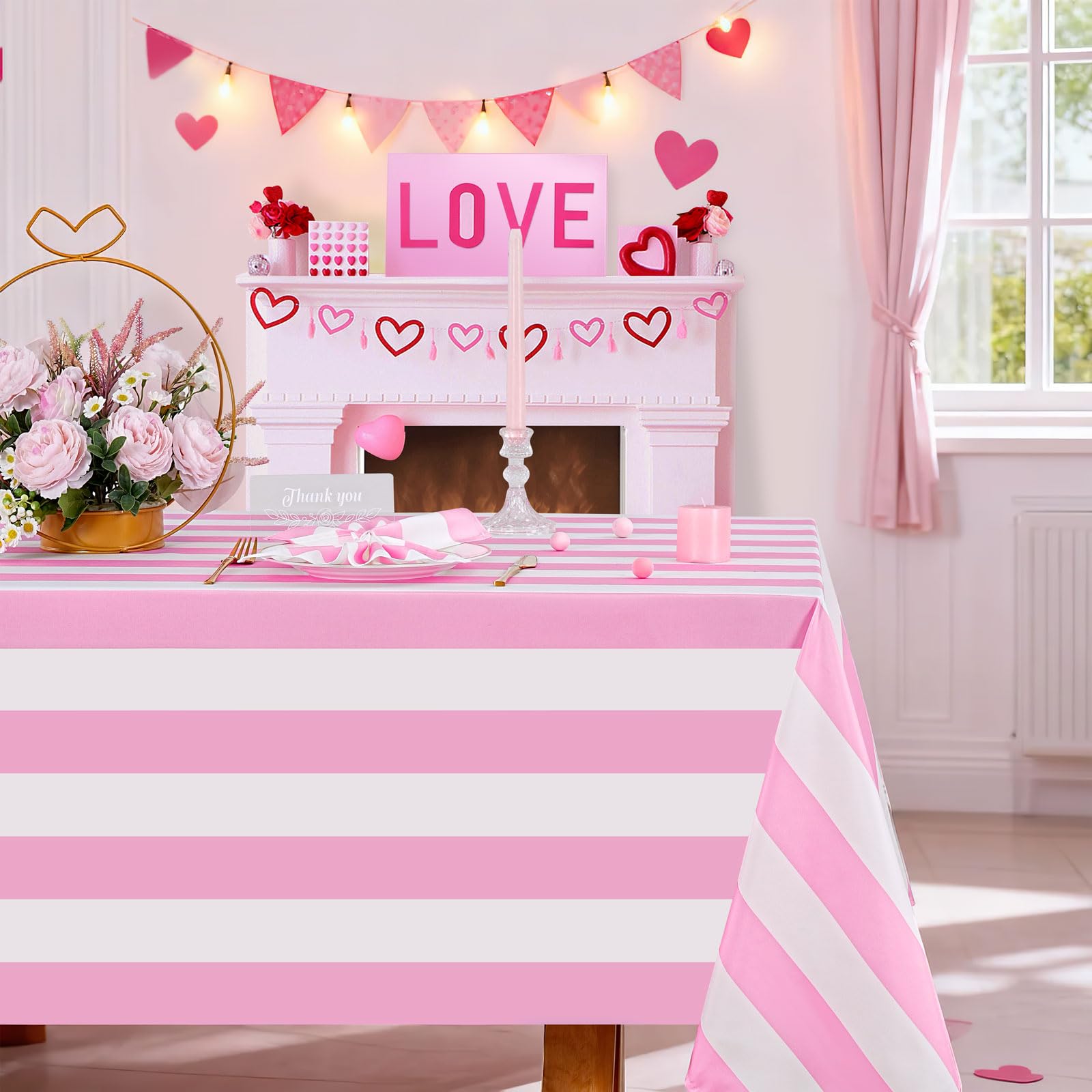 Pink White Striped Table Cloth Rectangular Polyester for Party 140x210 cm