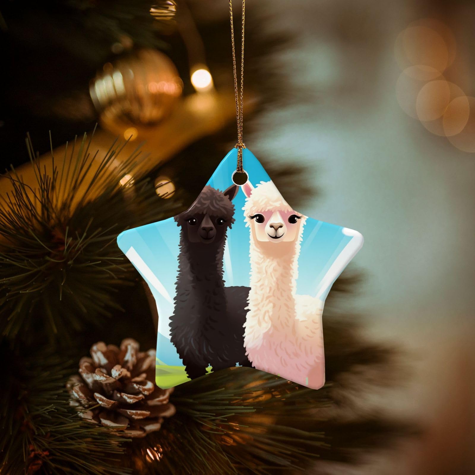 Christmas Tree Ornaments Ceramics Christmas Decorations Alpaca Ornaments with Gold Ribbon Porcelain Xmas Tree Crafts Star Shape Hanging Pendant for Christmas Tree Party Decor