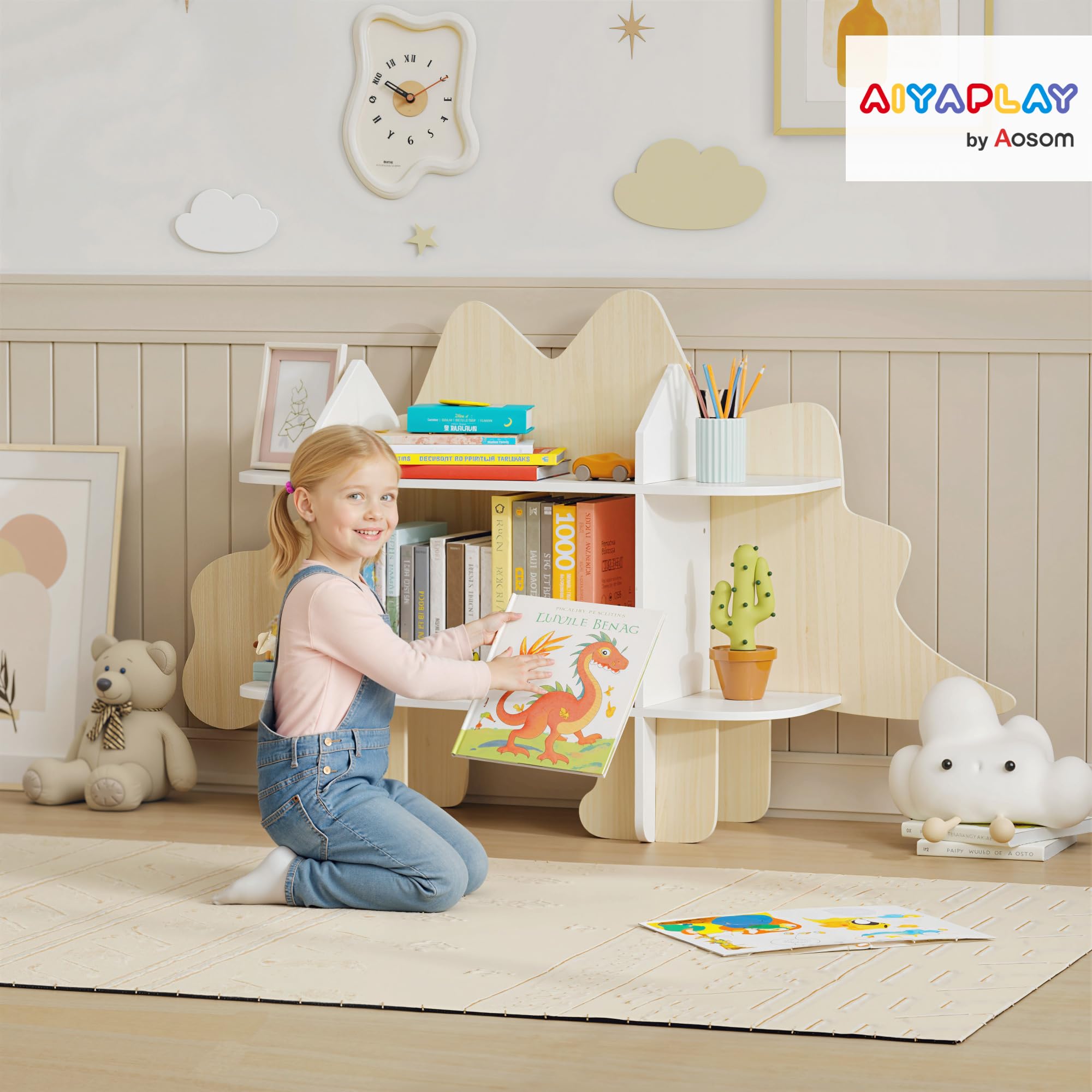 AIYAPLAY Libreria per bambini con design a dinosauro, contenitore per giocattoli e libri, con 6 scomparti, altezza 72,2 cm, per camera da letto o stanza dei giochi, legno naturale
