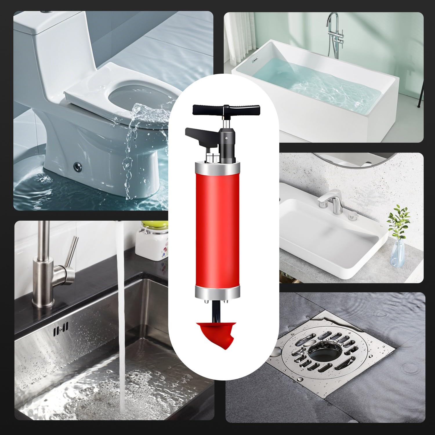 Stura WC con 4 Ventose, Pompa Stura Scarichi con Barometro, Sturalavandini a Pressione, Sturalavandino Ad Aria Compressa, per Disintasare WC, Lavello, Doccia, Lavandini, Scarico