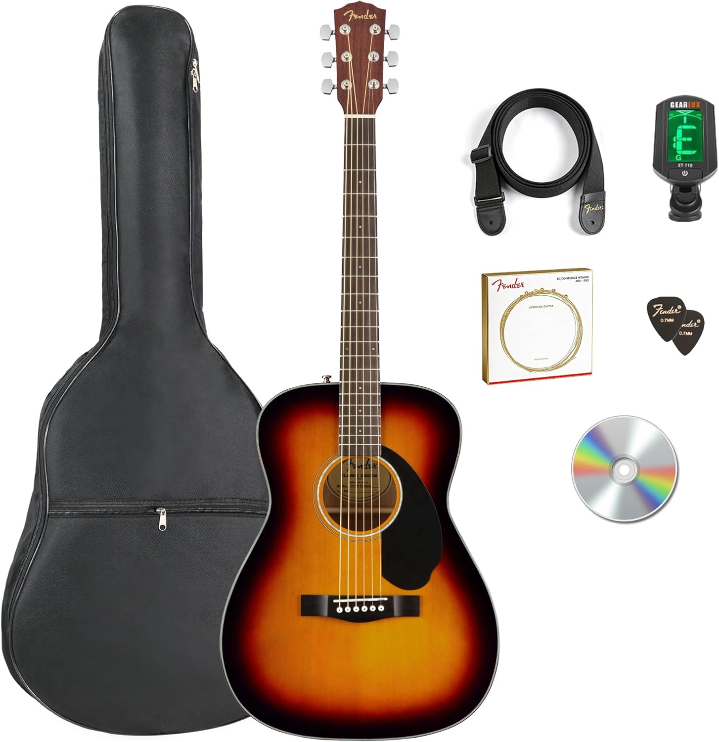 Fender CC-60S Solid Top Concert Acoustic Guitar - Sunburst Bundle with Gig Bag, Tuner, Strap, Strings, Picks, and Austin Bazaar Instructional DVD