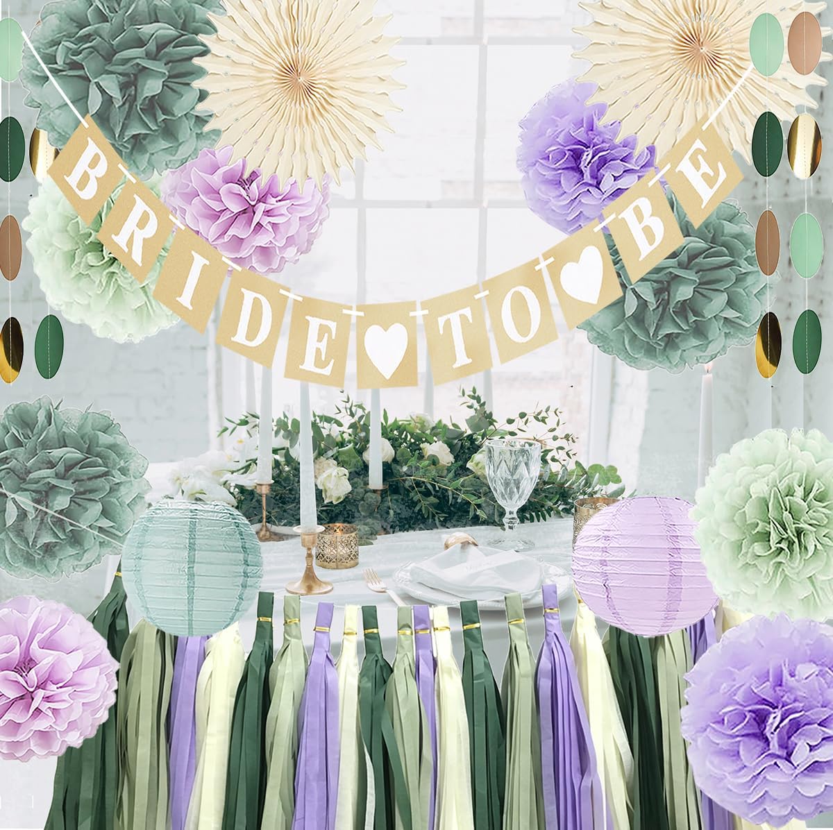 Bridal Shower Decorations Lavender and Sage Green -Bachelorette Party Decor Supplies Kit for Wedding with Bride to Be Banner Hanging Tissue Paper Flowers Lantern and Tassel Garland (Lilac +Purple)