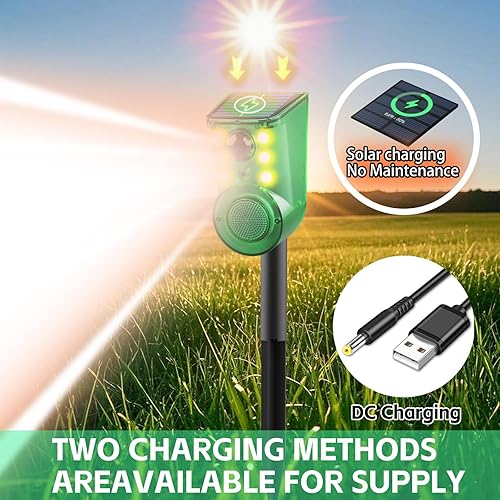 Miniatura 5 de Alarma solar con sensor de movimiento para exteriores, ultrasonido y alarmas, detector de movimiento de 129 db, generador de ruido fuerte, luz