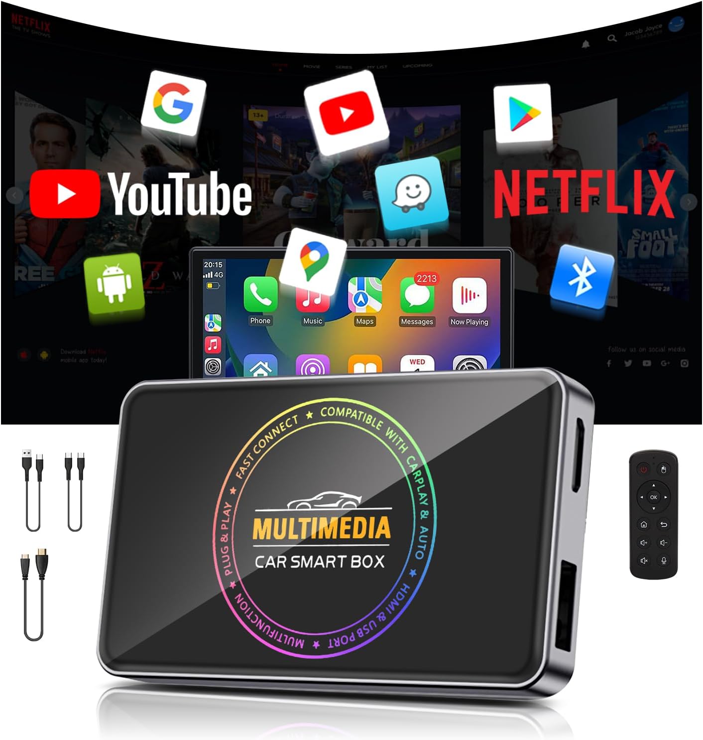 4-in-1 Wireless CarPlay Adapter 2025 Ai Box Carplay 4K HDMI Out to TV/PC/Car, Dual 5G WiFi Split Screen, Plug & Play for OEM Wired CarPlay/Android Auto Cars