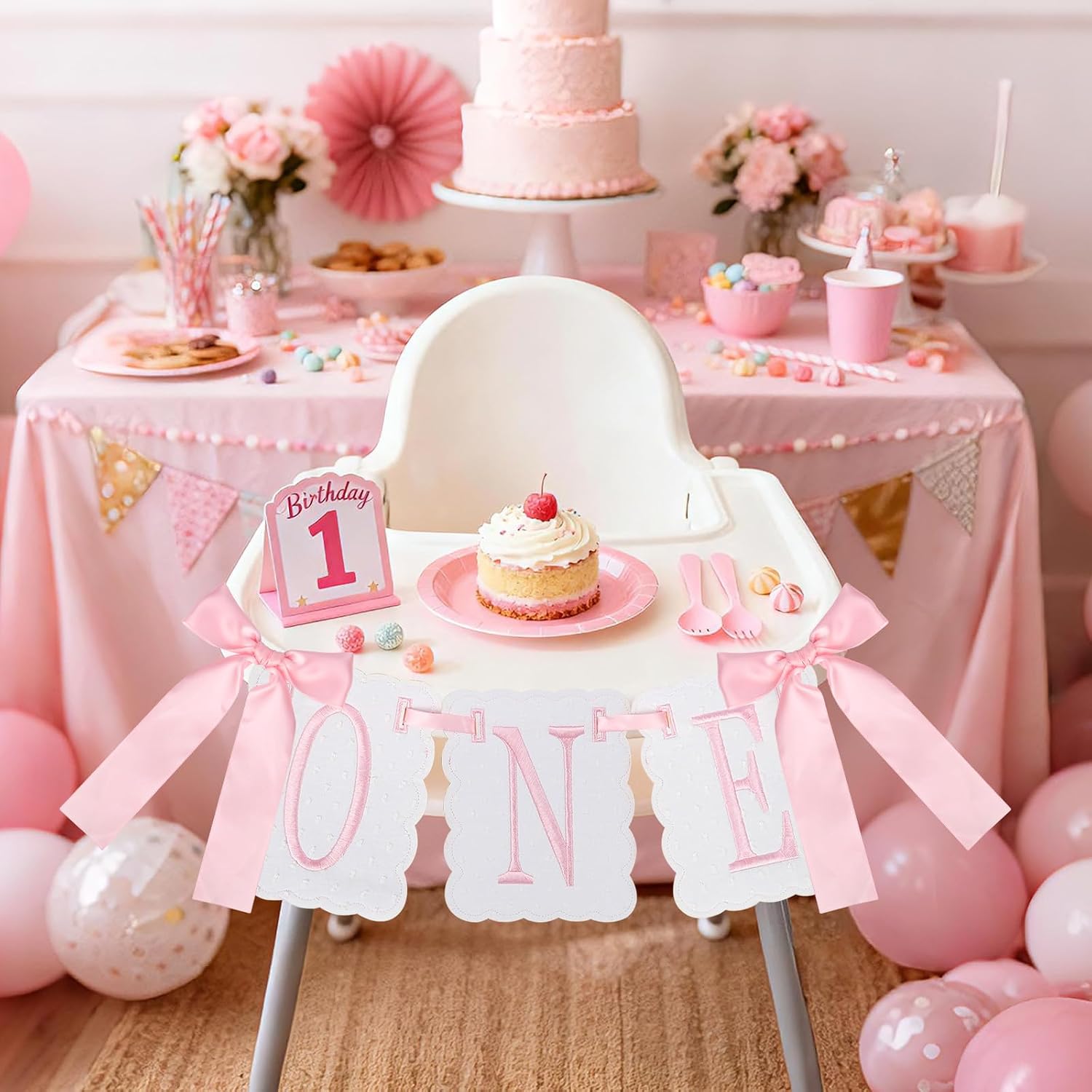 One High Chair Banner Girl, First Birthday Decoration for Sweet Baby Girl, 1st Pink Bow Birthday Banner Embroidery Felt Decorations for Bow Themed Party Photo Props