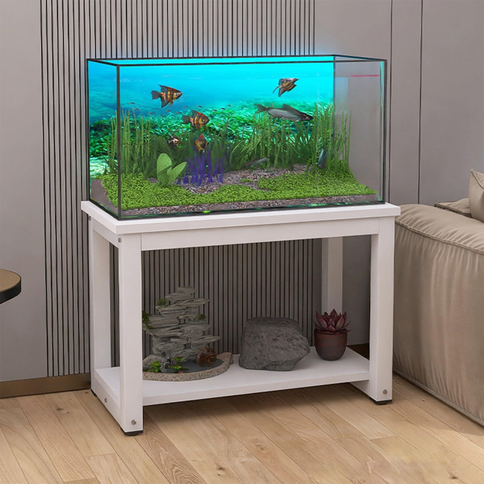 Dwupoziomowa Metalowa Półka Akwariowa,Idealna Do Aquascapingu,Salonów | Ten dwupoziomowy, metalowy stojak na akwarium pomieści akwaria i akcesoria do domowych(White+White,35.4x15.7x27.6in)