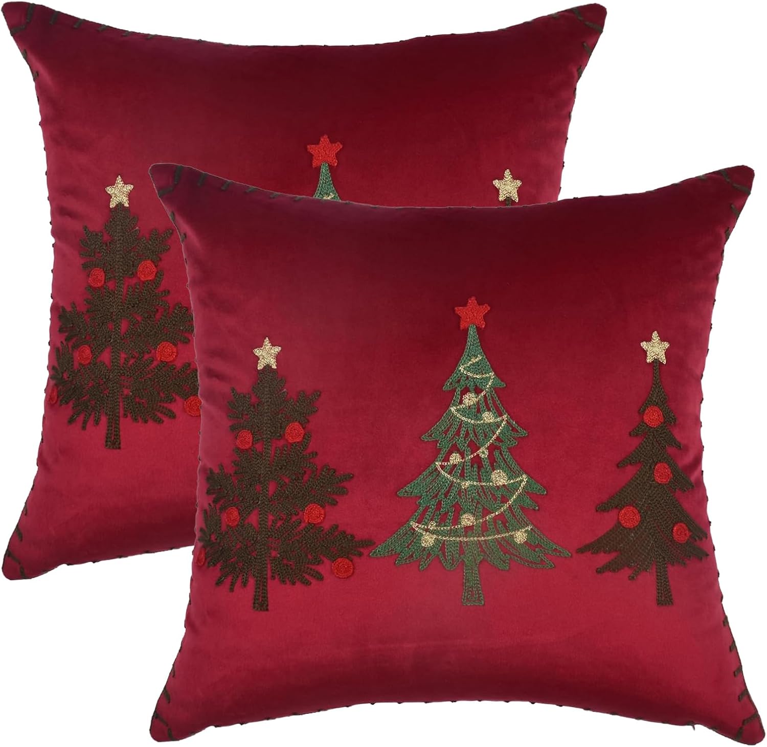 HOSTECCO Winter Pillow Covers 18x18 inch Set of 2 Red Christmas Pillow Cases Embroidered Christmas Decorative Pillows for Home Décor
