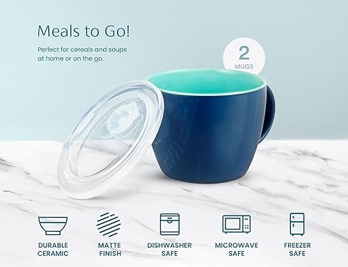 Miniatura 5 de KooK Tazas de sopa de cerámica, con asa y tapa de plástico ventilada, perfectas para avena durante la noche, aptas para microondas, tazas de viaje,