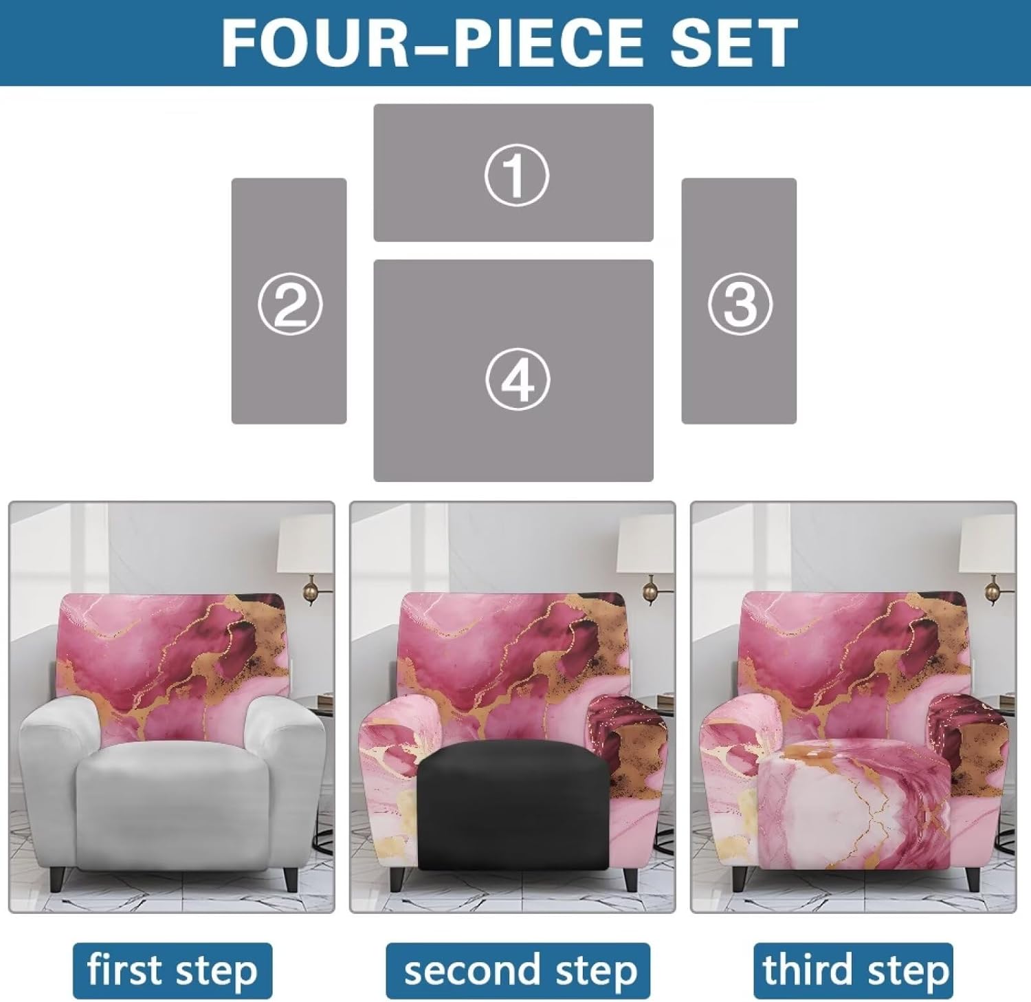 FOR U DESIGNS Pink Marble Breathable Recliner Slipcovers Stay in Place for Small Recliners Soft Stretch Sofa Covers with Side Pockets Easy Install Scratch Proof