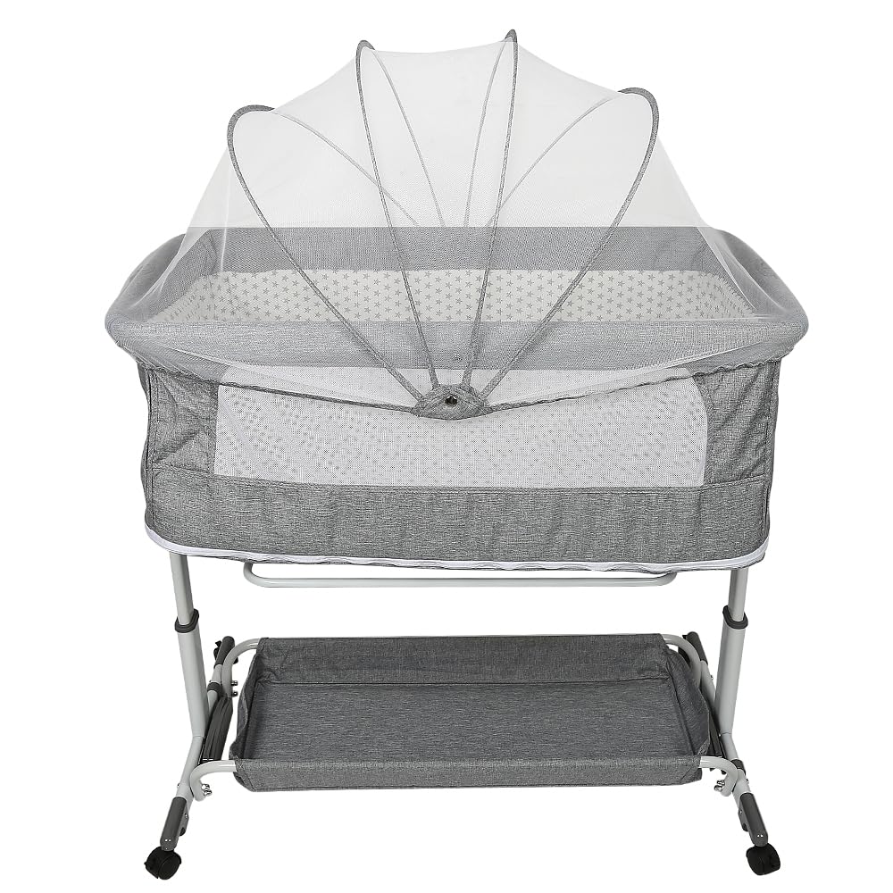 HUOLE Cuna Colecho Viaje,Cuna multifunción 4 en 1, Cuna colecho y Parque, para niños de hasta 50 kg, con colchón, Correas de sujeción y Ruedaspara bebés de 1 a 36 meses-113 * 66 * 84cm-Gris