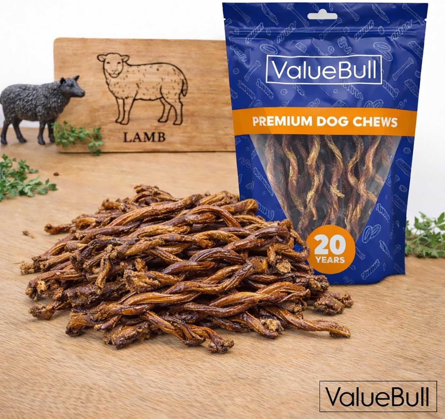 ValueBull Pizzle Twists, Premium Lamb, 20 Count - Natural Dog Treats, Grass-Fed