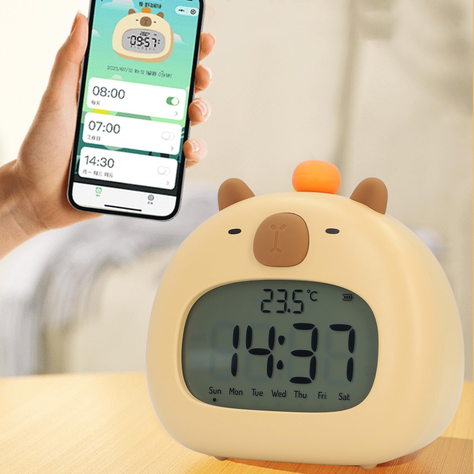 Capybara Kinderwecker Mit Nachtlicht – Digitalwecker Mit 3 Alarmen, Datum, Temperatur, USB-C Aufladbar