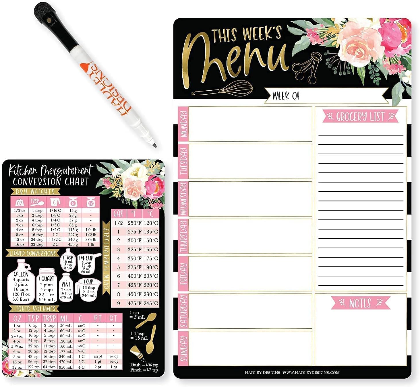 Black Floral Magnetic Dry Erase Calendar for Fridge and Magnetic Meal Planner for Refrigerator Set, Weekly Whiteboard Calendar, Monthly Calendar Dry Erase Board and Meal Planning Magnet for Fridge : Office Products