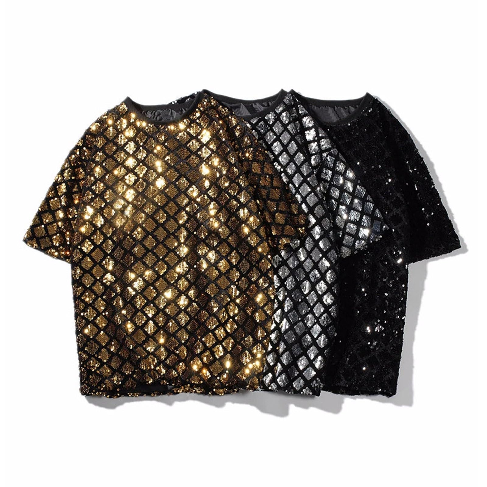 Camiseta genérica de manga corta para hombre, ropa de rendimiento con película de perlas brillantes doradas, ideal para un estilo deportivo y elegante