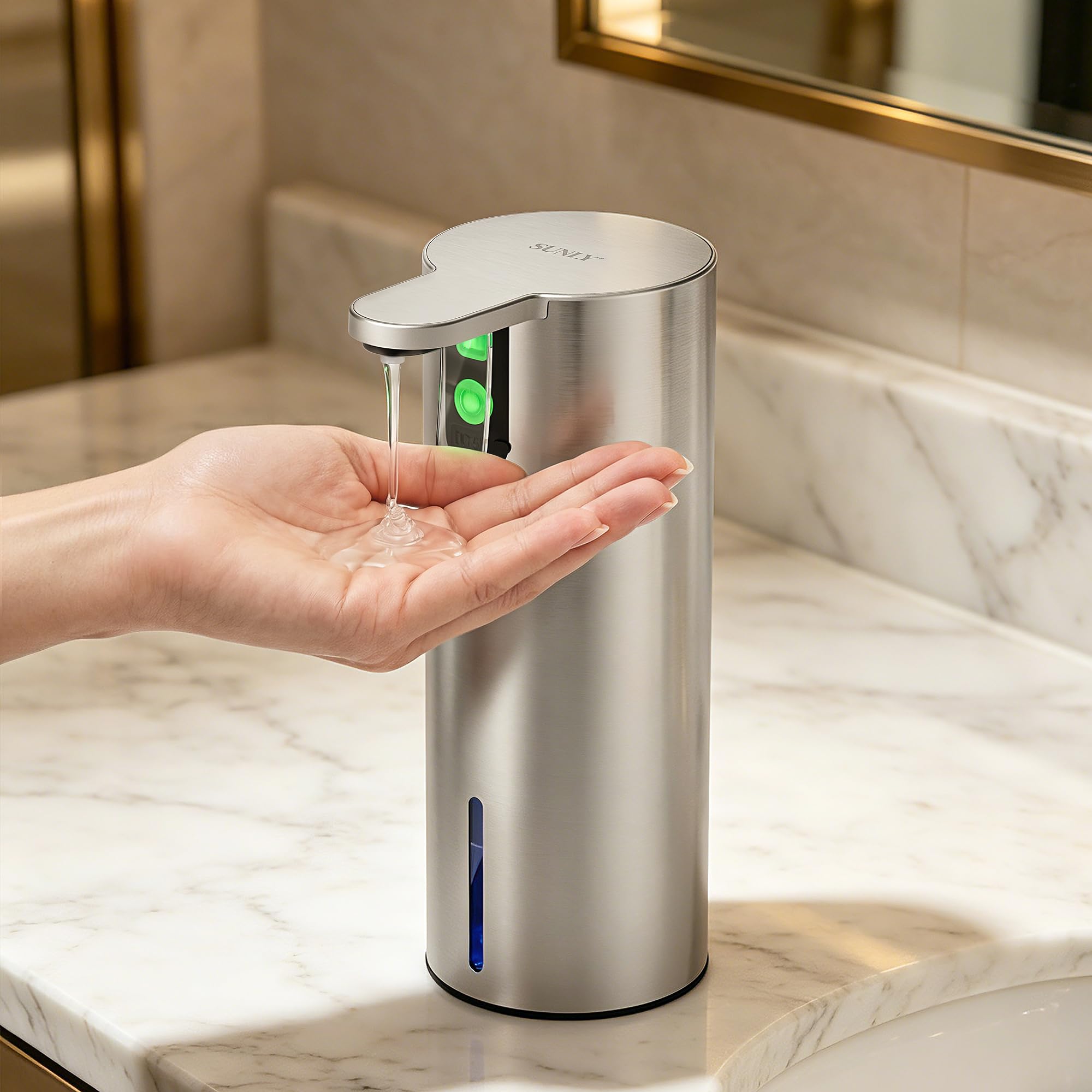 SUNLY Dispensador de jabón líquido a presión, bomba de jabón de acero inoxidable para cocina, dispensador de jabón de manos recargable sin contacto para baño, pared o encimera, color plateado