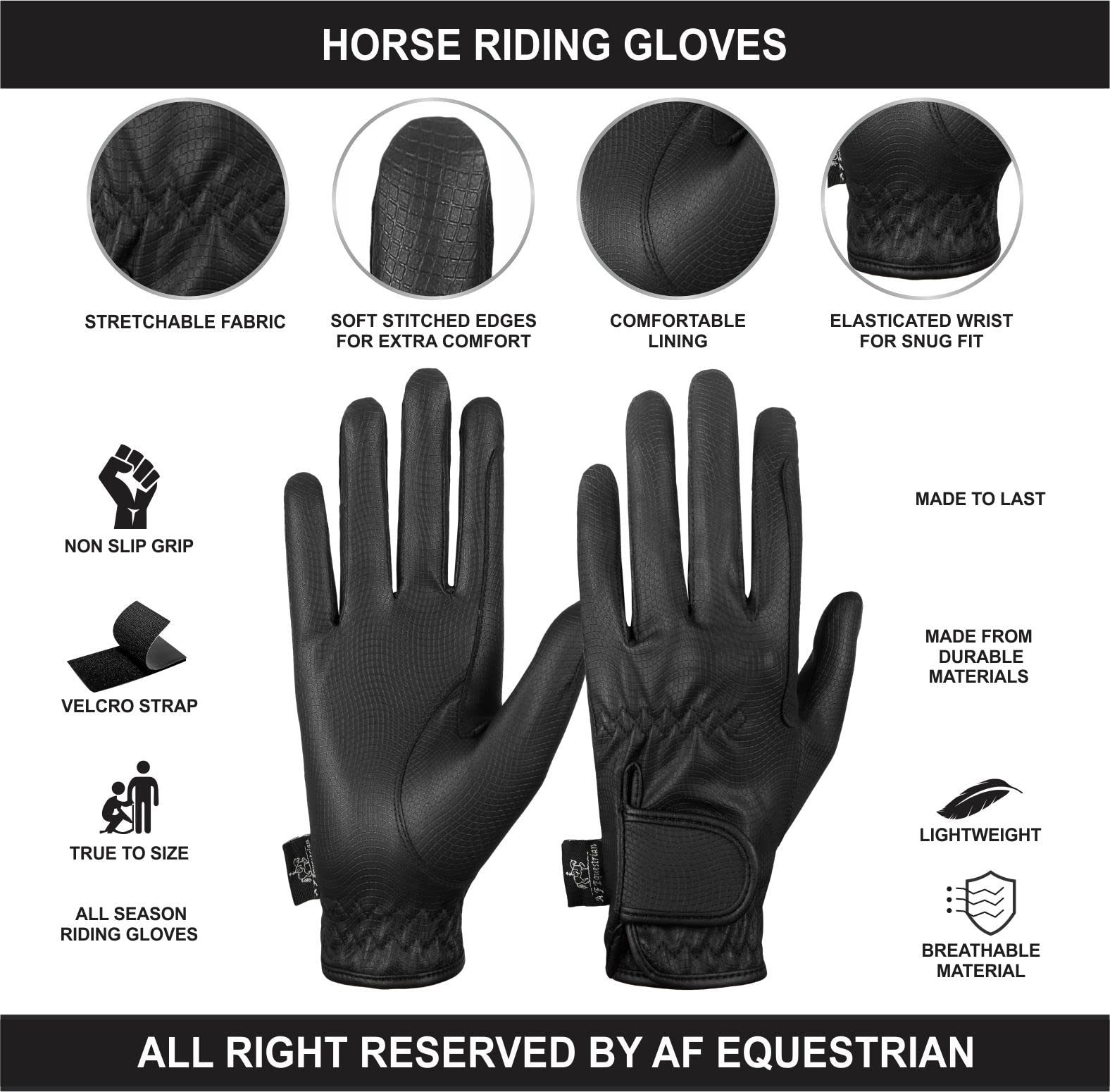 Synthetic Leather Equestrian Ladies Horse Riding Gloves Black Women's Pony Riding Gloves Black