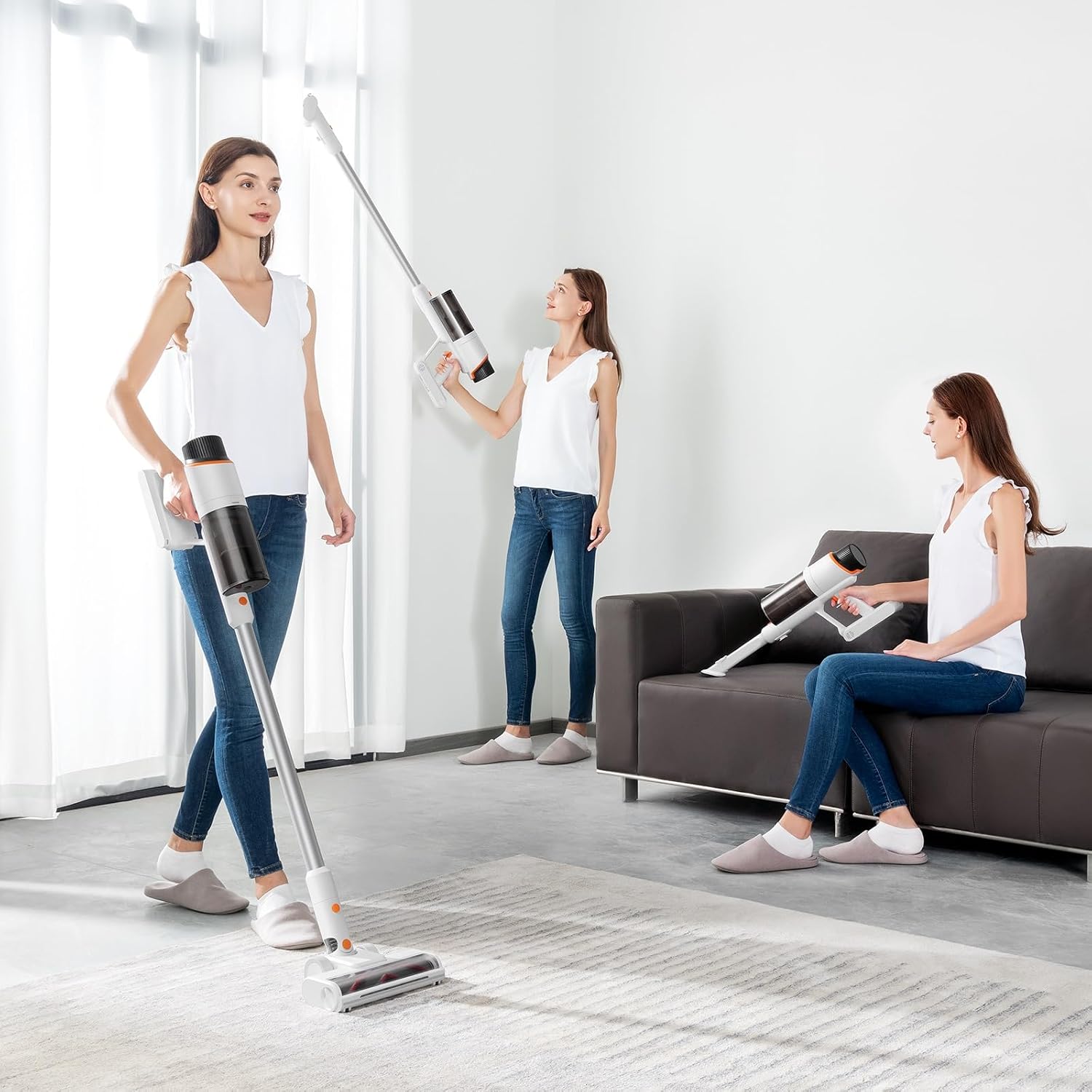 Three images of a woman using the JONR VC10 Pro vacuum cleaner in different configurations: as a stick vacuum on a carpet, as a handheld vacuum with an extension tube for high areas, and as a compact handheld vacuum for sofa cleaning.