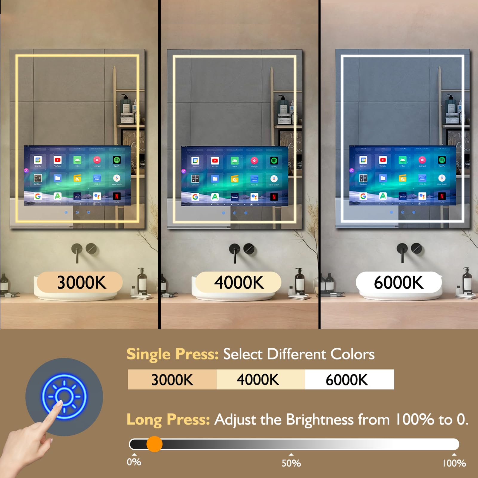 Haocrown 800x600 mm LED-Hintergrundbeleuchtung, Badezimmer-Spiegel, IP66, wasserdicht, Wandmontage, Make-up-Spiegel mit 21.5 Zoll Touchscreen, integrierte Lautsprecher und WLAN, Bluetooth
