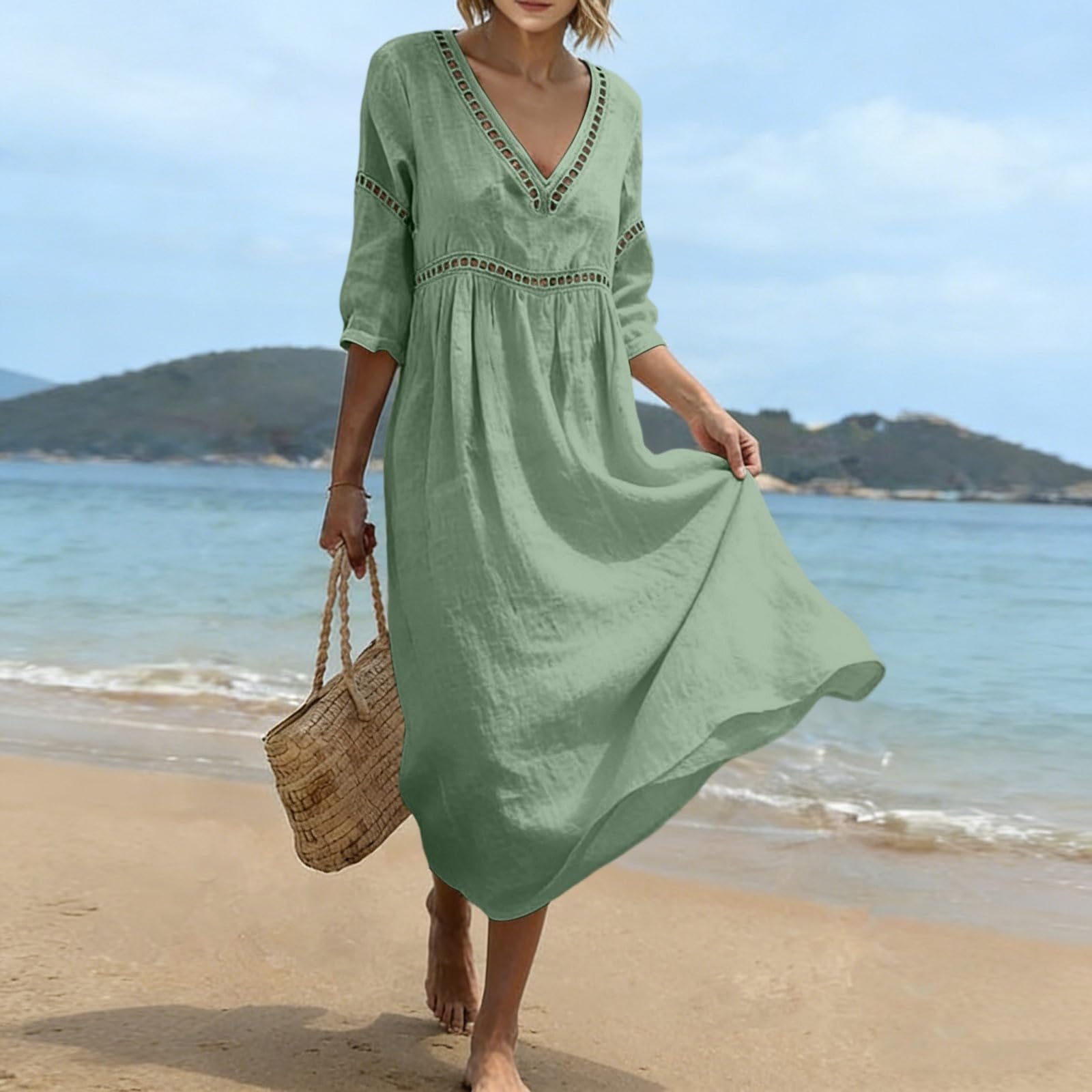 Damen Musselin Kleid Sommer V-Ausschnitt Luftige Midikleid Lockeres Midikleider Leicht Und Luftig Sommerkleid Sommer Musselinkleid Elegant Sommerkleider Midi Bohemian Style Hauskleid