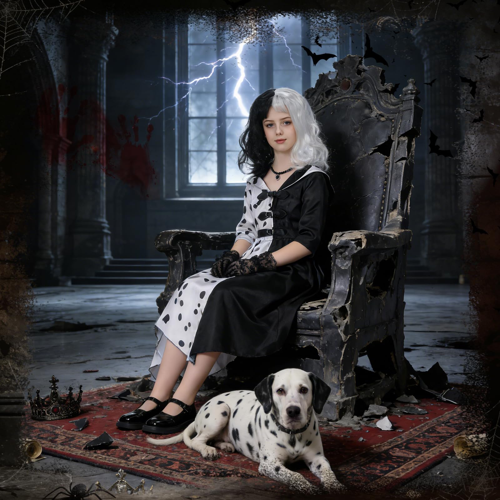 IEEILULU Cruella Costume Bambina, Vestito Crudelia Demon Donna, Costume da Crudelia Deville per Ragazze, Buono per il Ragazze Cosplay di Halloween - il Carnevale del Male