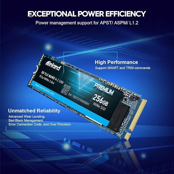 INLAND Premium 256GB 3D NAND TLC M.2 2280 PCIe NVMe 3.0 x4 Internal Solid State Drive, Read/Write Speed up to 2900MB/s and 950MB/s, 360 TBW