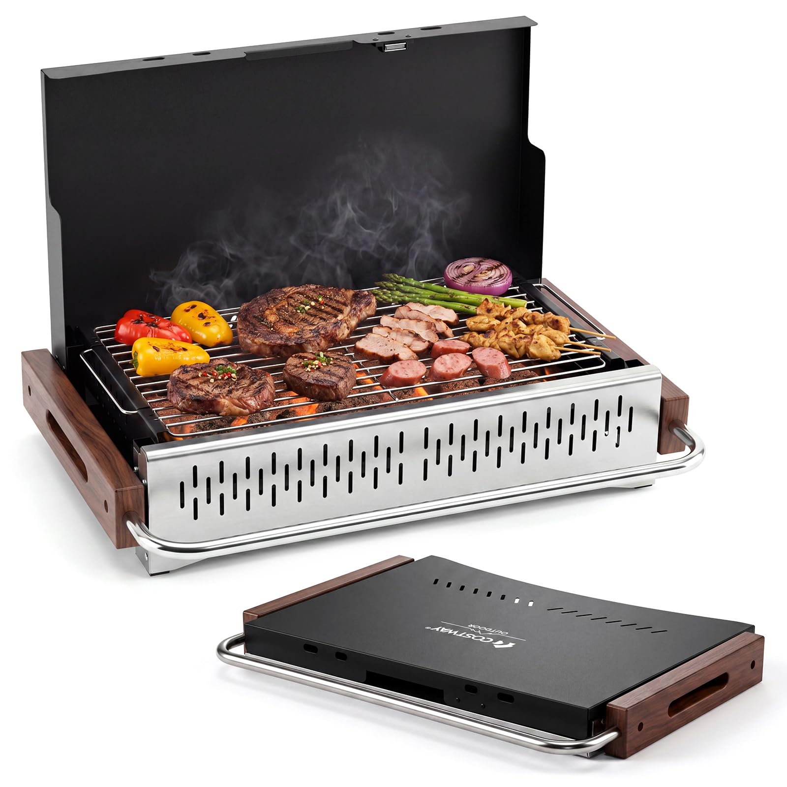 COSTWAY Mini Barbacoa Carbón Mesa Plegable, Parrilla Portátil,(62x43,5 cm) | Metal, Rejilla de Cocción Ajustable en Altura, Orificios de Ventilación, BBQ Camping Picnic Tereaza