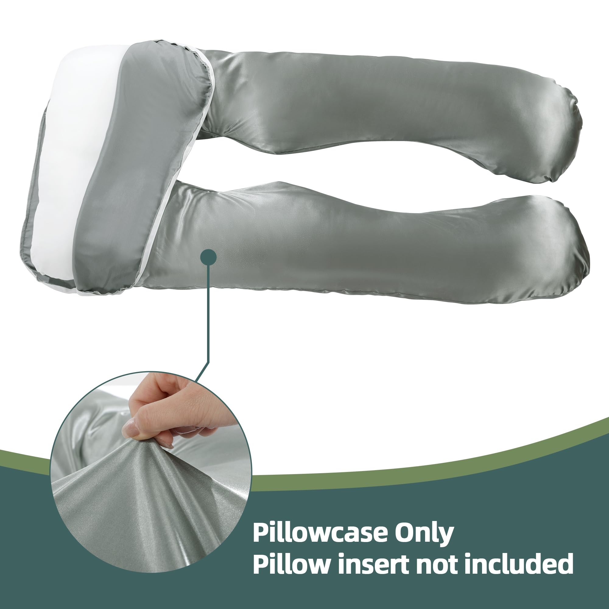 BALAPET Silky Satin Pregnancy Pillow Cover (ONLY Pillowcase), U Shaped Luxurious Smooth Maternity Pillow Cover, Soft & Breathable Large Pillow Protector with Hidden Zip for Side Sleeper, Dark Grey
