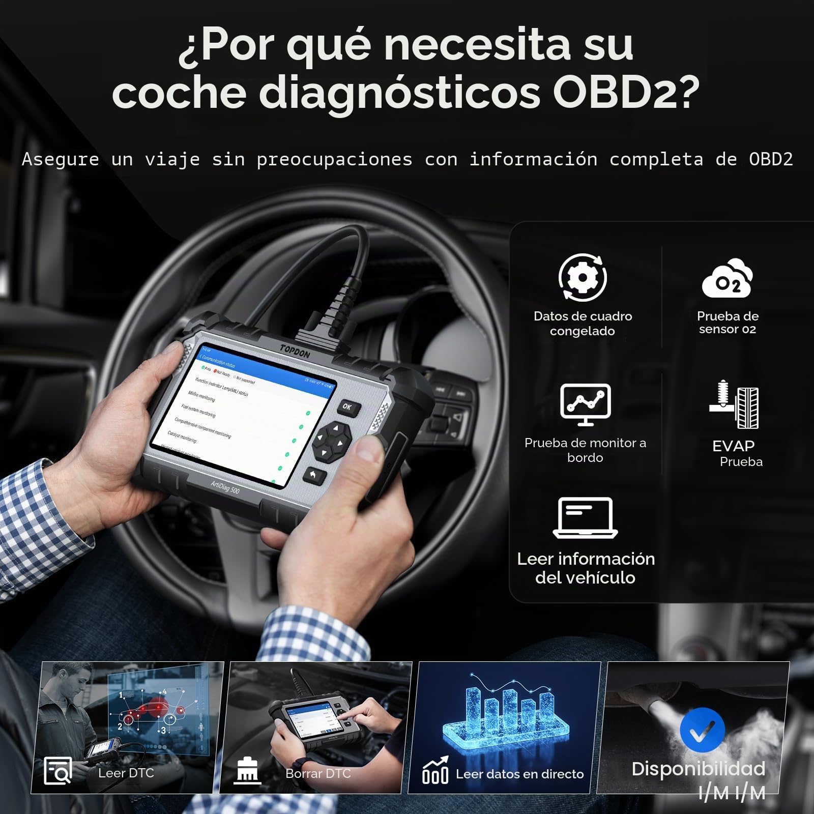 TOPDON AD500 OBD2 diagnosis coche multimarca con 4 Sistemas y 6 Funciones de Reinicio, Sistema de Motor ABS SRS Transmisión, reinicio para aceite/SAS/TPMS/ETS/BMS/freno, Actualización gratuita de WiFi