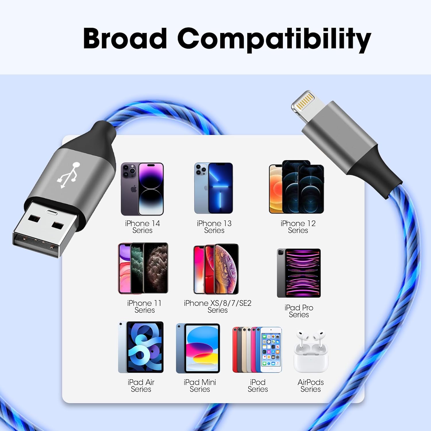 Light-Up iPhone Charger Cord, 3.3ft - LED iPhone Charging Cable [Apple MFi Certified] - Compatible with iPhone 14/13/12/11/XR/XS/X/8, iPad, AirPods, iPod, and More (Blue)