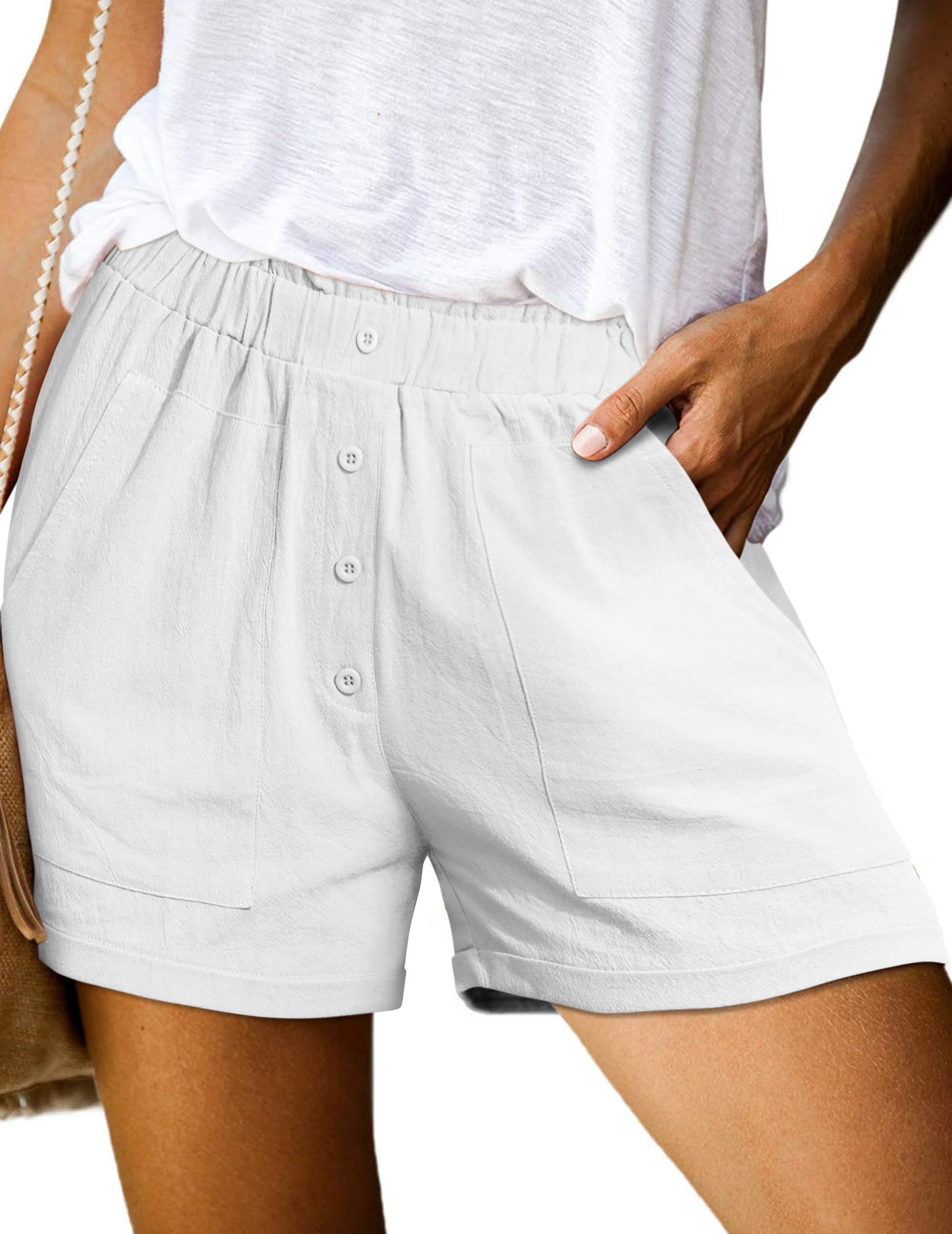 ELESOLWomens Shorts Summer Casual Elastic High Waisted Comfy Cotton Cargo Shorts with Pockets Short Pants