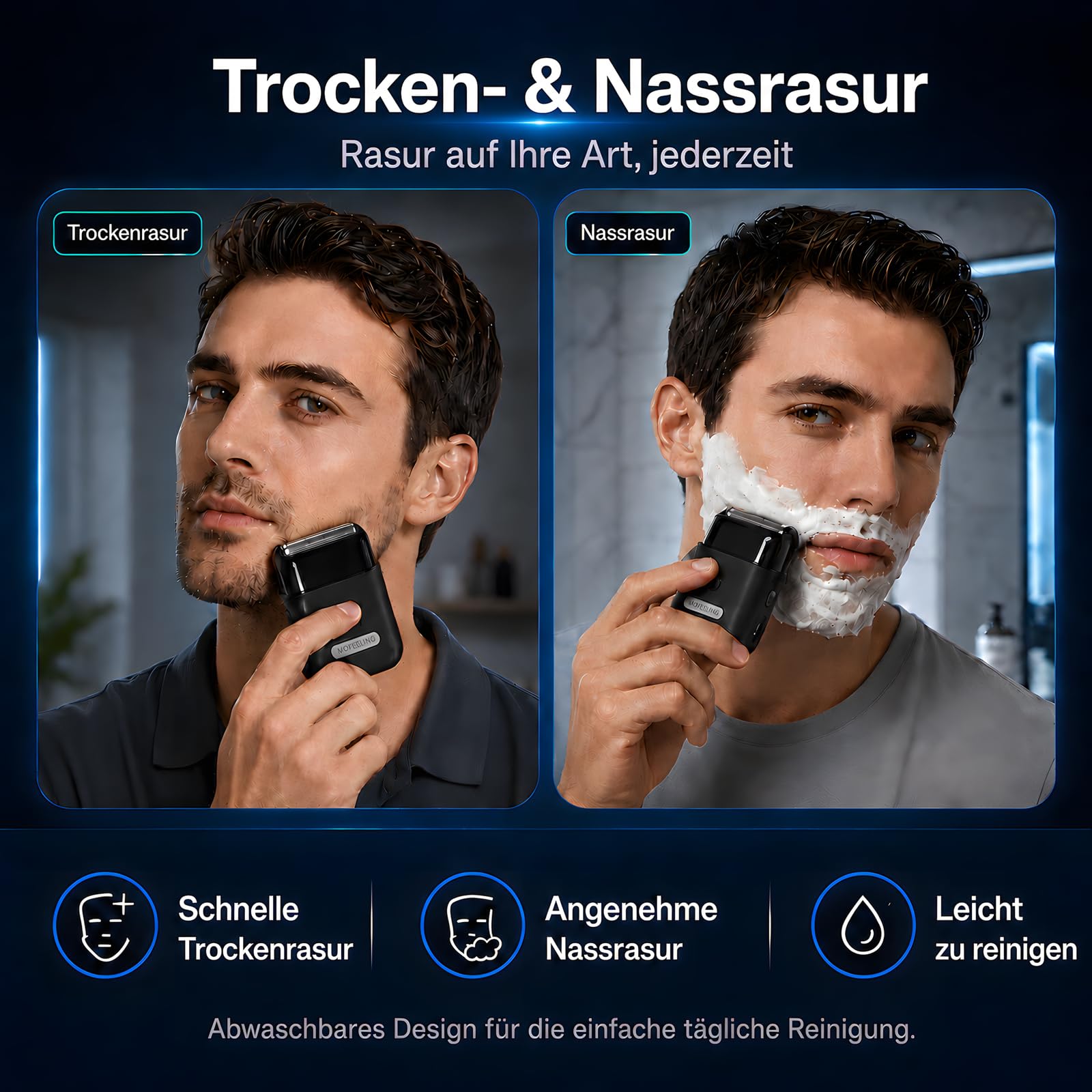 Rasierer Herren Elektrisch Mit 3 Flexiblen Klingen, Elektrorasierer Herren Mit 8,000 RPM & IPX7 Wasserdicht, USB-C Wiederaufladbar Trimmer für Männer, Kabellos Mit Reisesperre