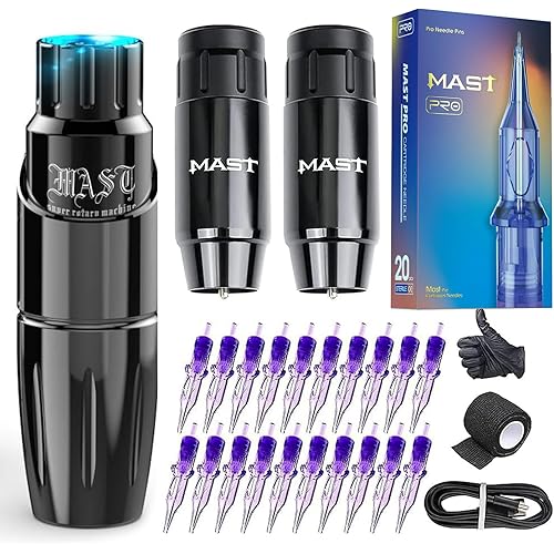 Mast Tour Wireless Tattoo Gun Machine Kit - Complete Tattoo Kit for Beginners 2 Batteries Power Supply 20Pcs Cartridges Needles for Lining Shading