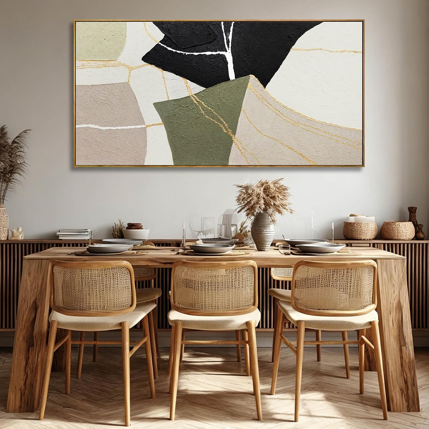 CHUDANHAO Abstract Canvas Wall Art Modern Neutral Geometry Wall Decor Pictures Black Beige Green Minimalism Line Paintings 29"x58"for Living Room Bedroom Office Home Decoration