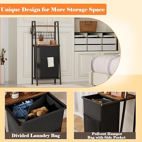 Miniatura 9 de Furnulem Cesto de lavandería de 2 niveles con estante de madera y ganchos+4 niveles cesta de lavandería con estante y ganchos