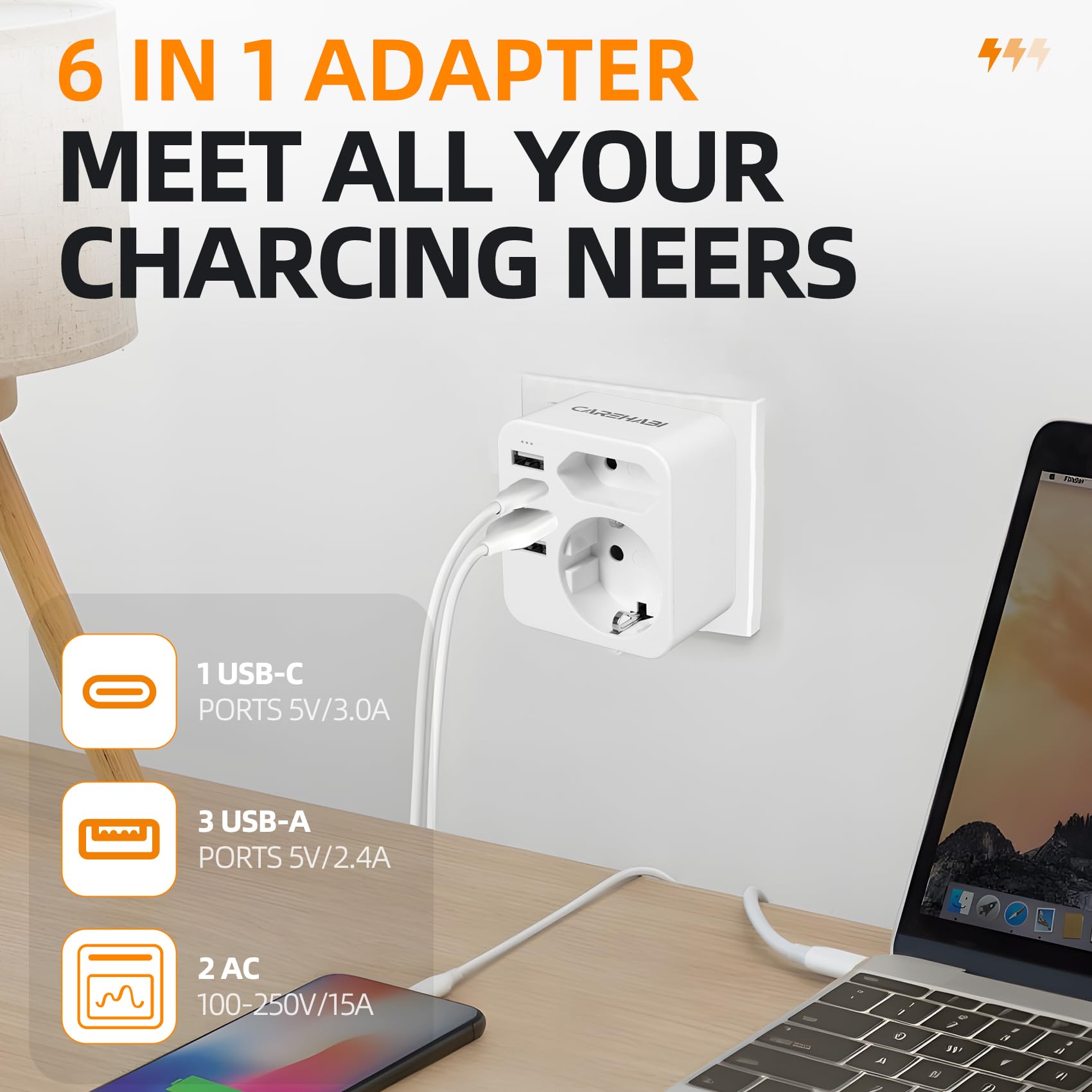 Carehabi Adapter wtyczki USA, adapter z Francji na USA z 3 USB-A i 1 USB-C, amerykański adapter wtyczkowy, adapter podróżny do USA, Kanady, Meksyku, Tajlandii, adapter typu B